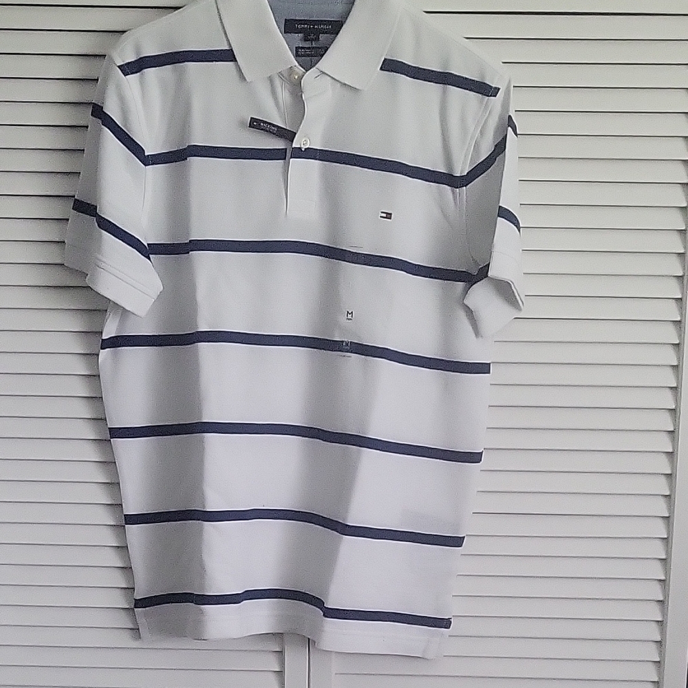 Men's White and Blue Striped Polo Shirt